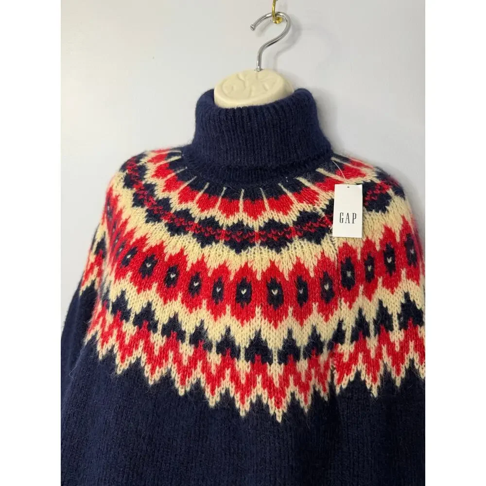 Gap Fair Isle Wool Turtleneck Sweater Navy Split-Hem Red Cream Pattern Sz XS New